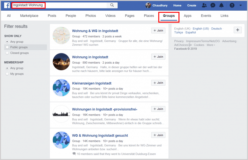 Facebook Apartment Search - Germany