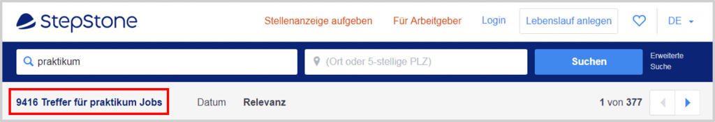 Stepstone Job Search results for Praktikum/Internship